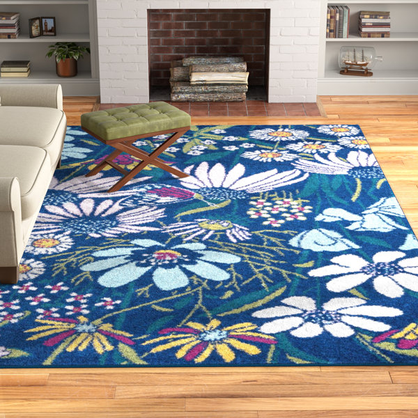 Andover Mills™ Holle Power Loom Performance Navy Blue/Pink/Yellow Rug
